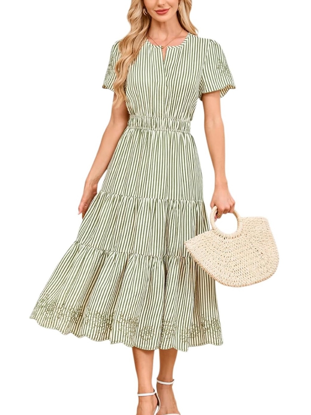 Green Striped Midi Dress Embroidered Hem Tiered Flowy V Neck Short Sleeve XL